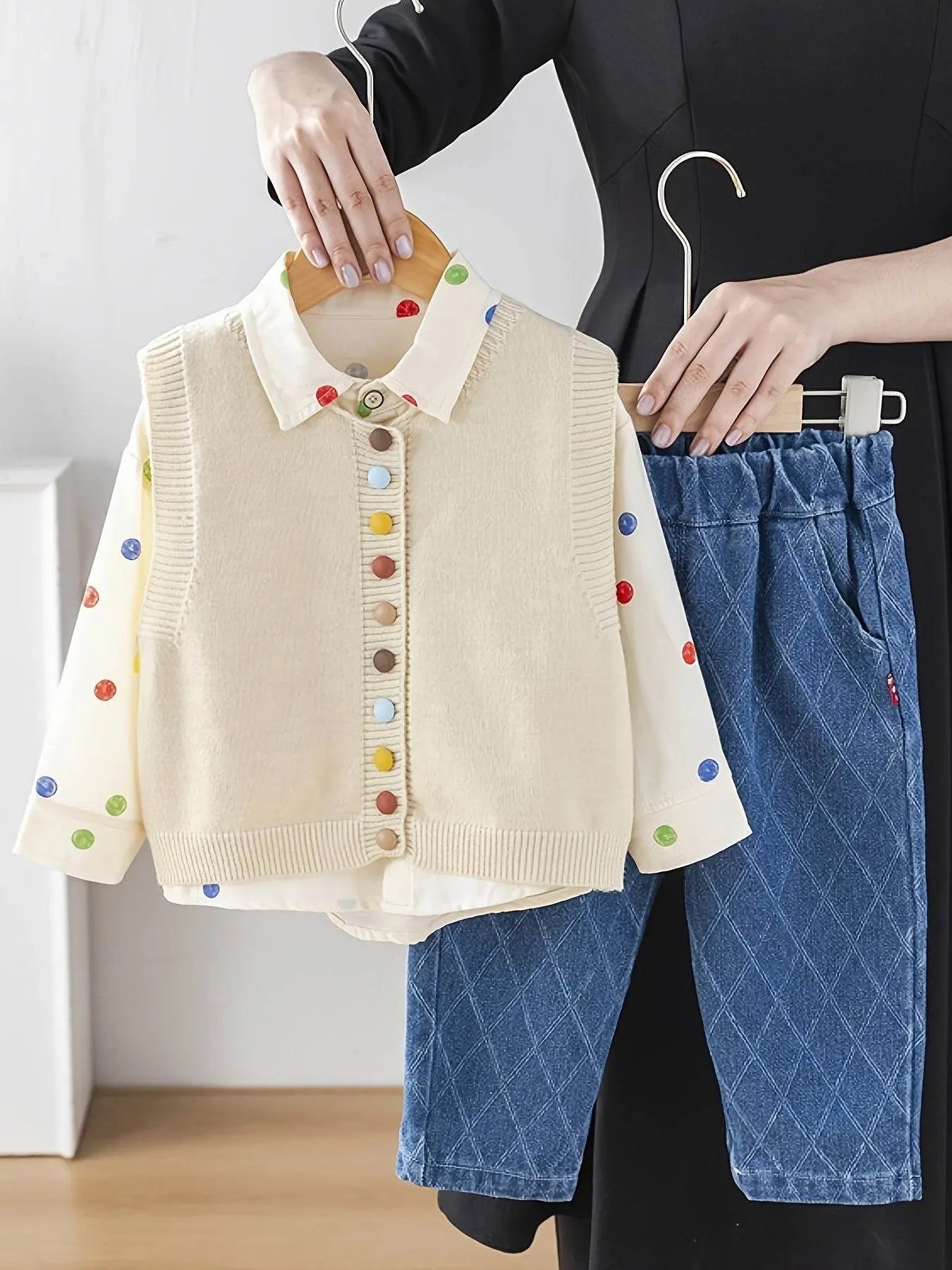 Shirt Sweater Cardigan Kids Beige Color Three-Piece Set - IVORYNN