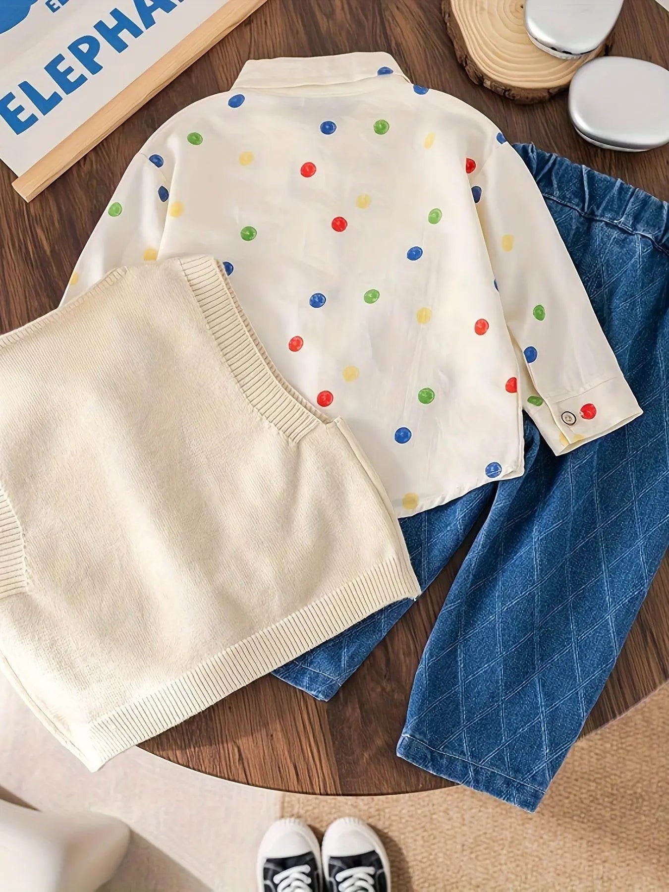 Shirt Sweater Cardigan Kids Beige Color Three-Piece Set - IVORYNN