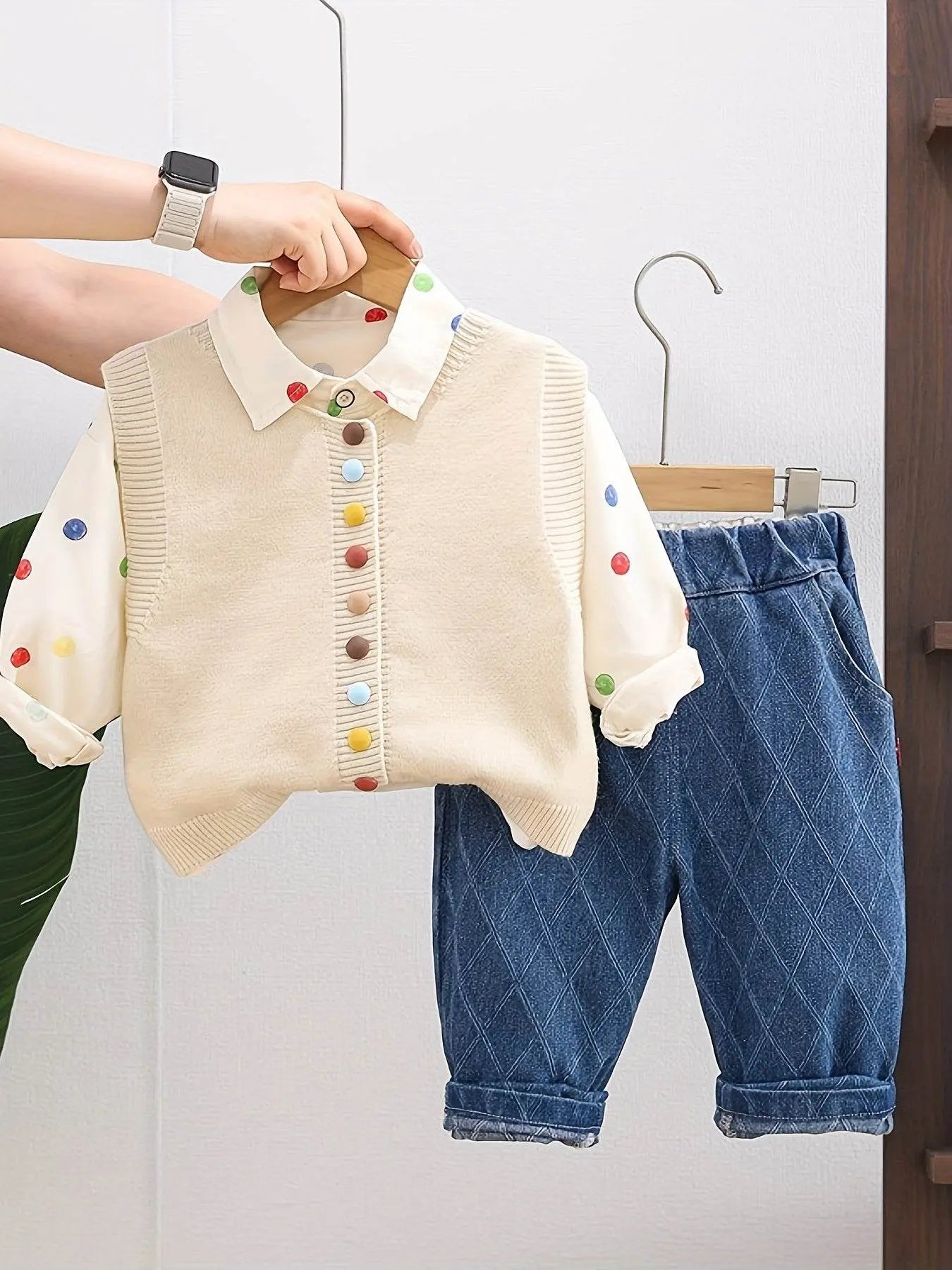 Shirt Sweater Cardigan Kids Beige Color Three-Piece Set - IVORYNN