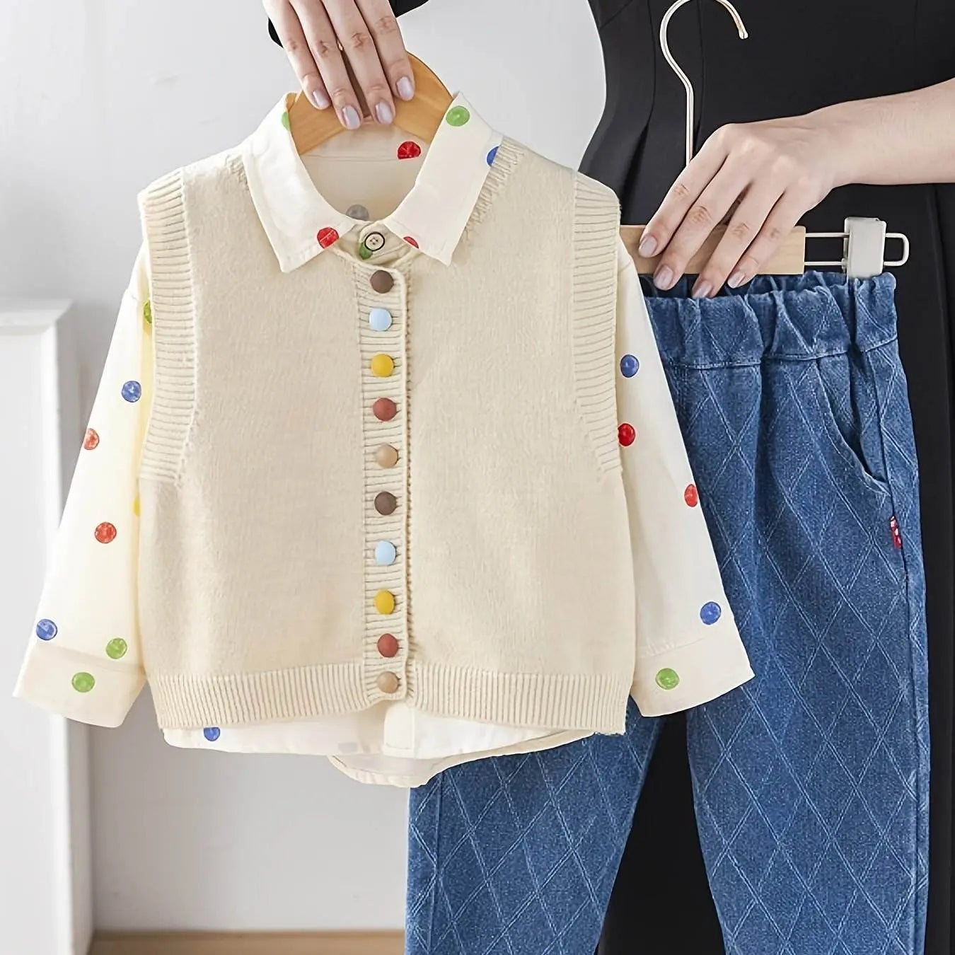 Shirt Sweater Cardigan Kids Beige Color Three-Piece Set - IVORYNN