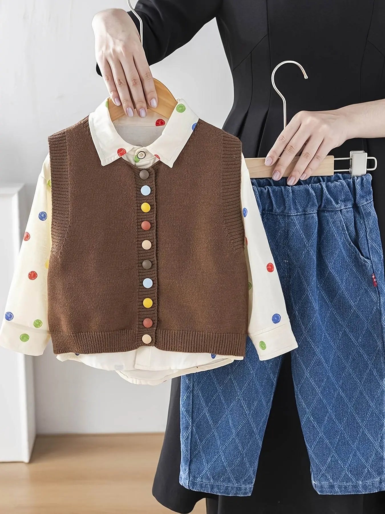 Shirt Sweater Cardigan Kids Coffee color Three-Piece Set - IVORYNN