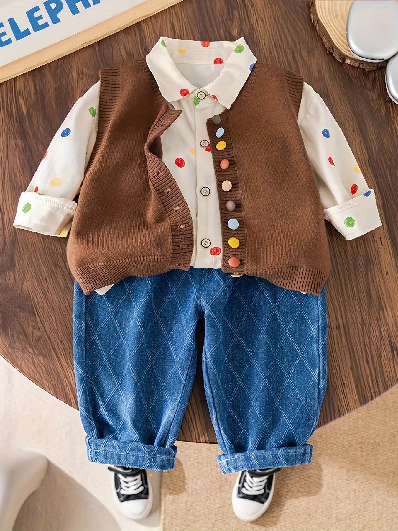 Shirt Sweater Cardigan Kids Coffee color Three-Piece Set - IVORYNN