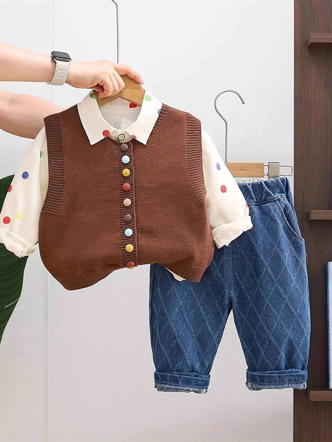 Shirt Sweater Cardigan Kids Coffee color Three-Piece Set - IVORYNN