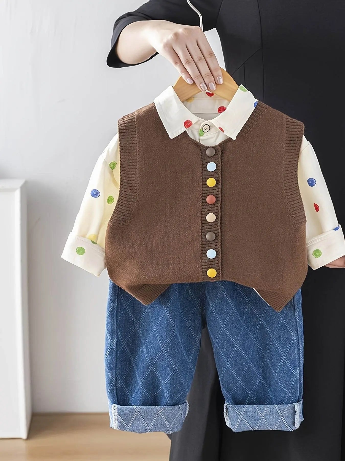 Shirt Sweater Cardigan Kids Coffee color Three-Piece Set - IVORYNN