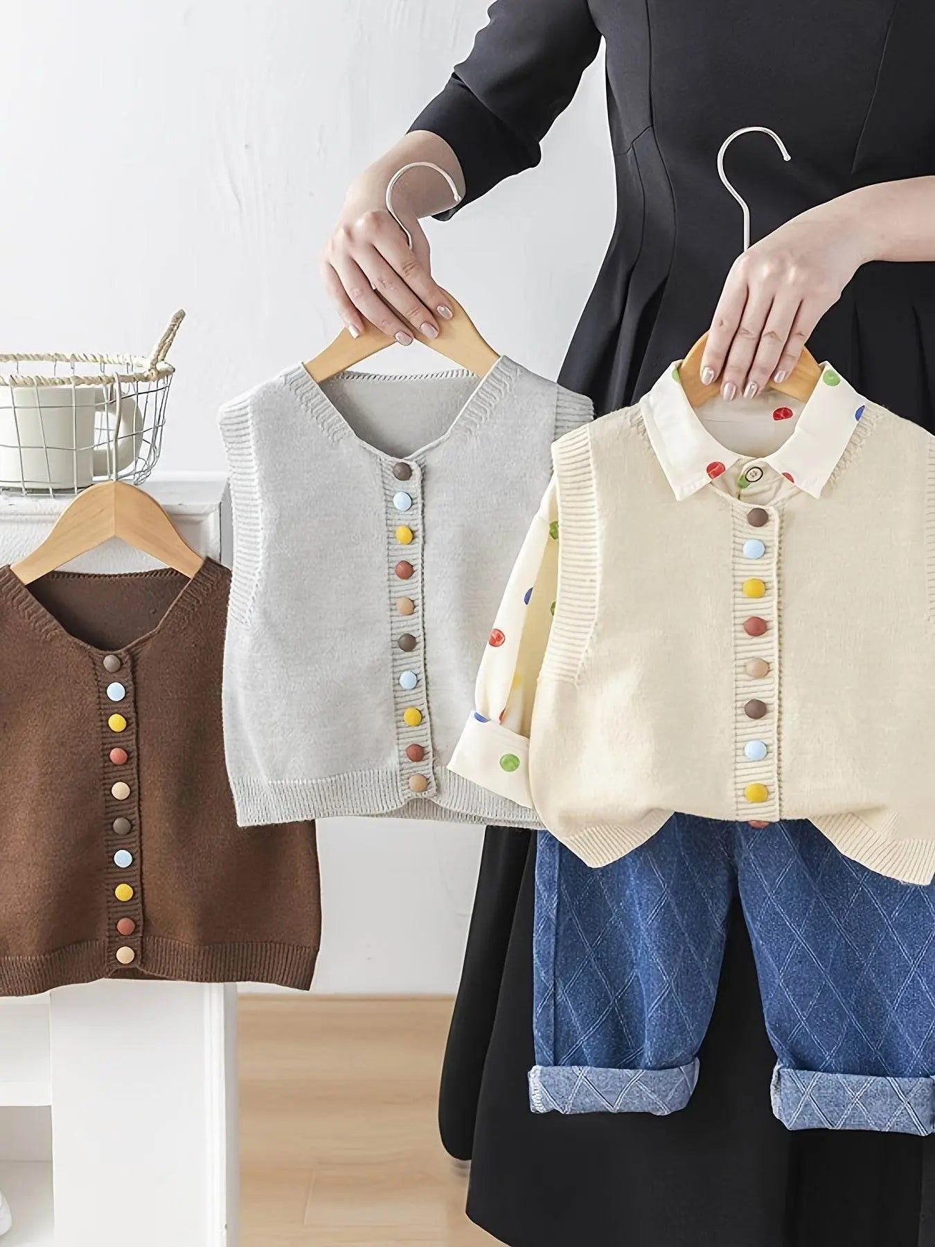 Shirt Sweater Cardigan Kids Coffee color Three-Piece Set - IVORYNN
