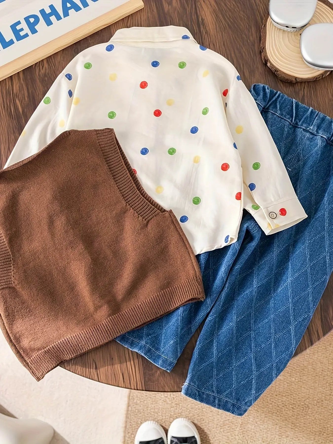 Shirt Sweater Cardigan Kids Coffee color Three-Piece Set - IVORYNN