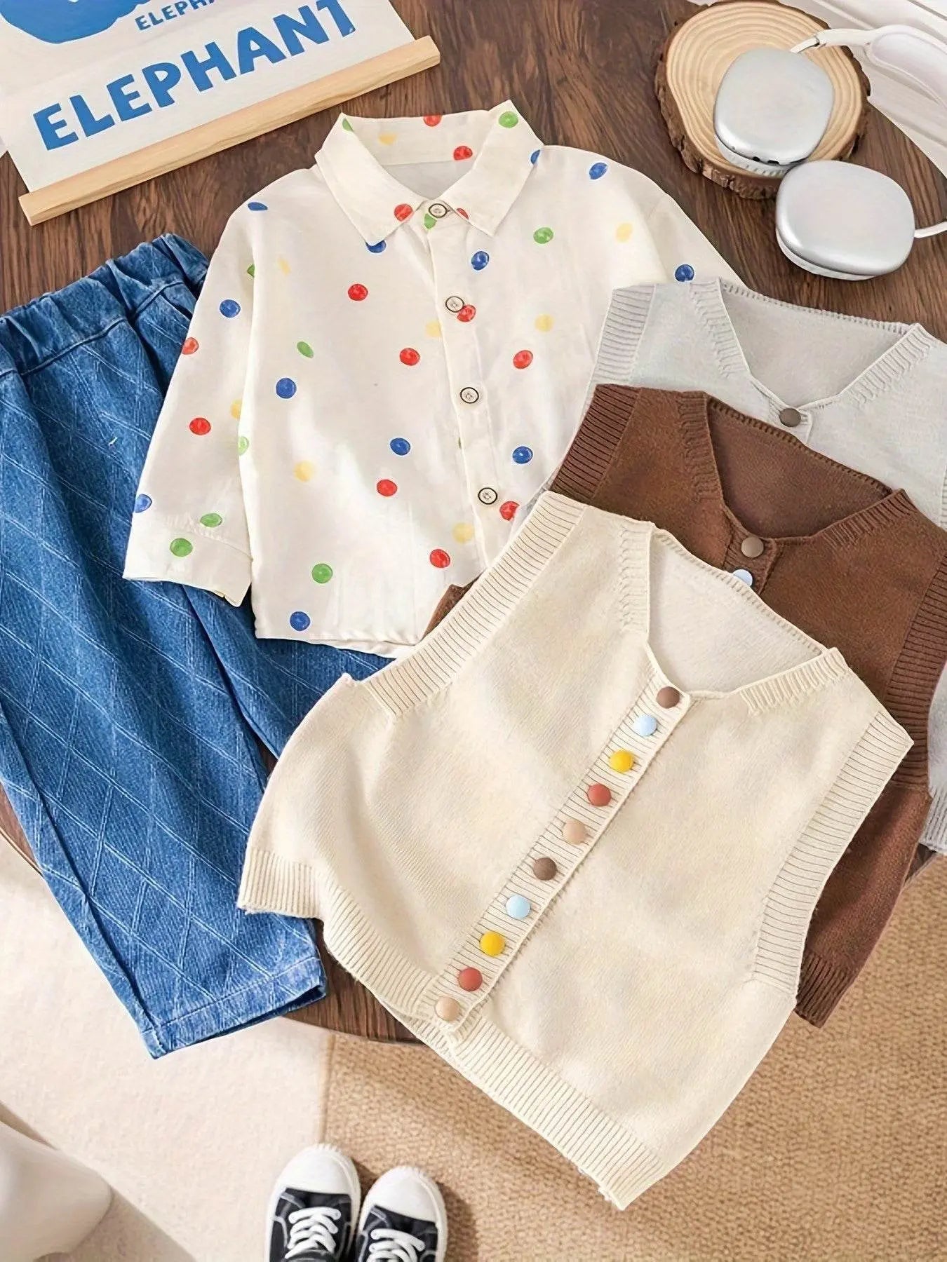Shirt Sweater Cardigan Kids Coffee color Three-Piece Set - IVORYNN