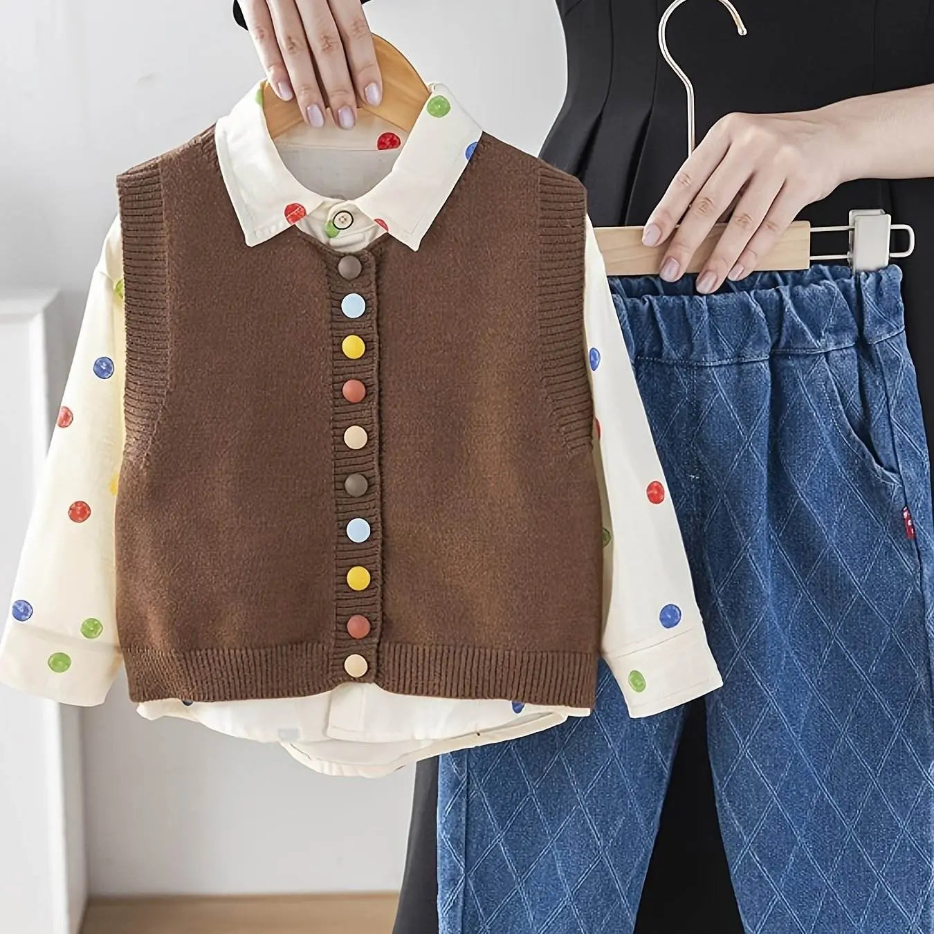 Shirt Sweater Cardigan Kids Coffee color Three-Piece Set - IVORYNN