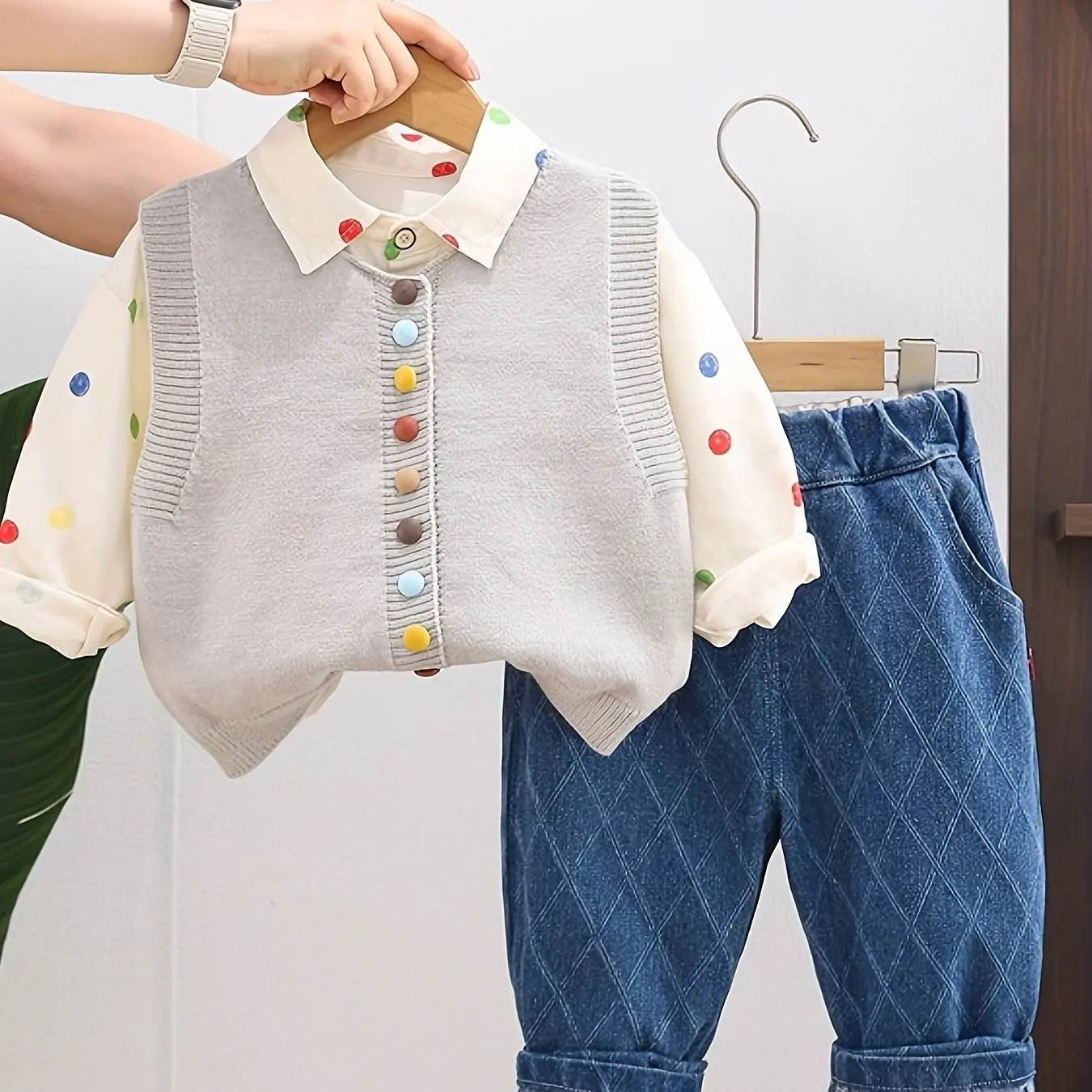 Shirt Sweater Cardigan Kids Grey Three-Piece Set - IVORYNN