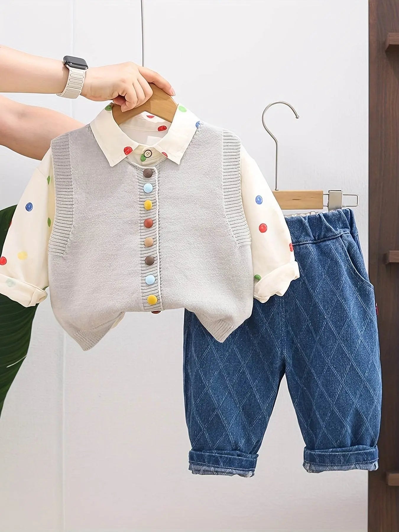 Shirt Sweater Cardigan Kids Grey Three-Piece Set - IVORYNN