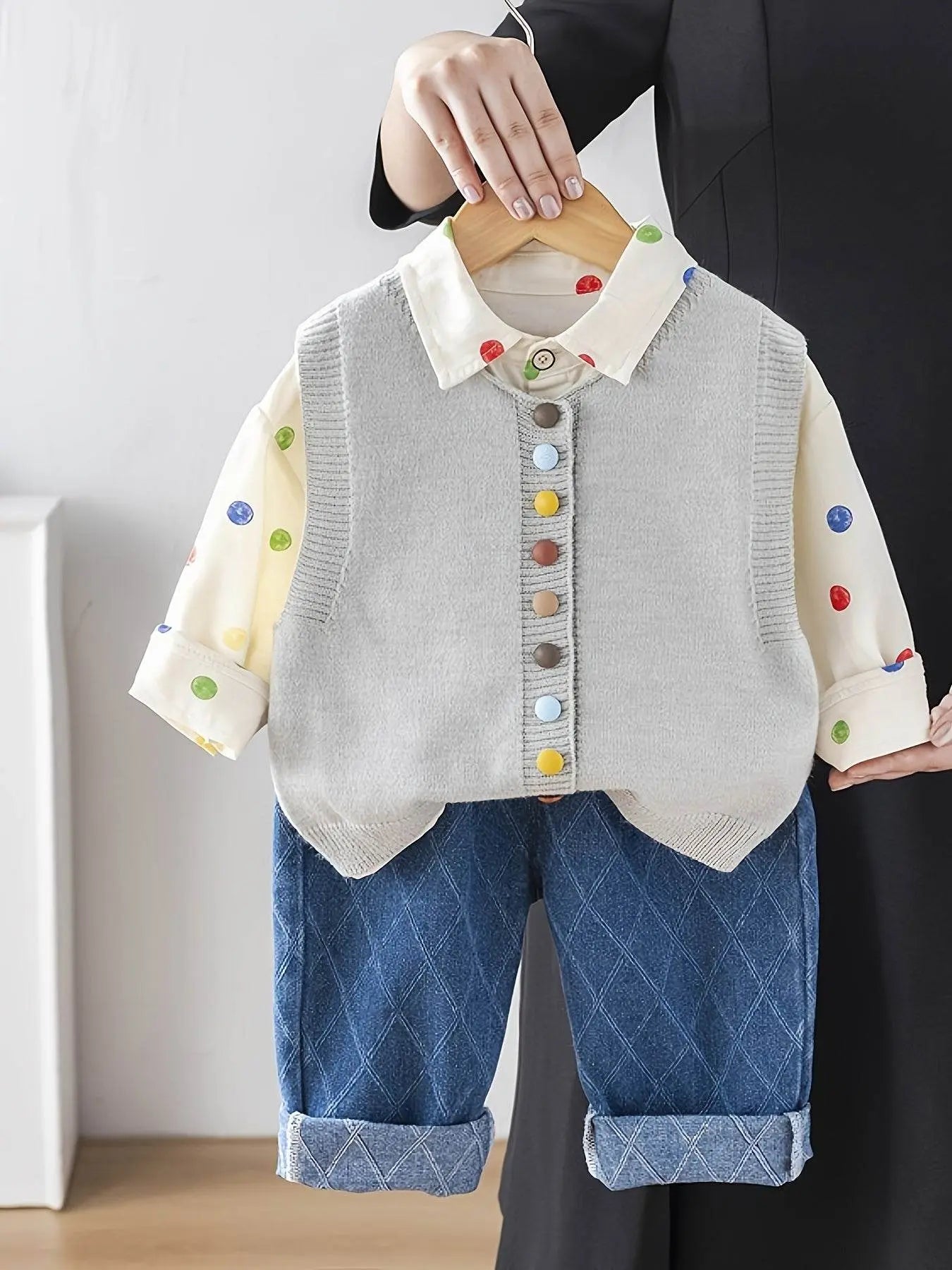 Shirt Sweater Cardigan Kids Grey Three-Piece Set - IVORYNN