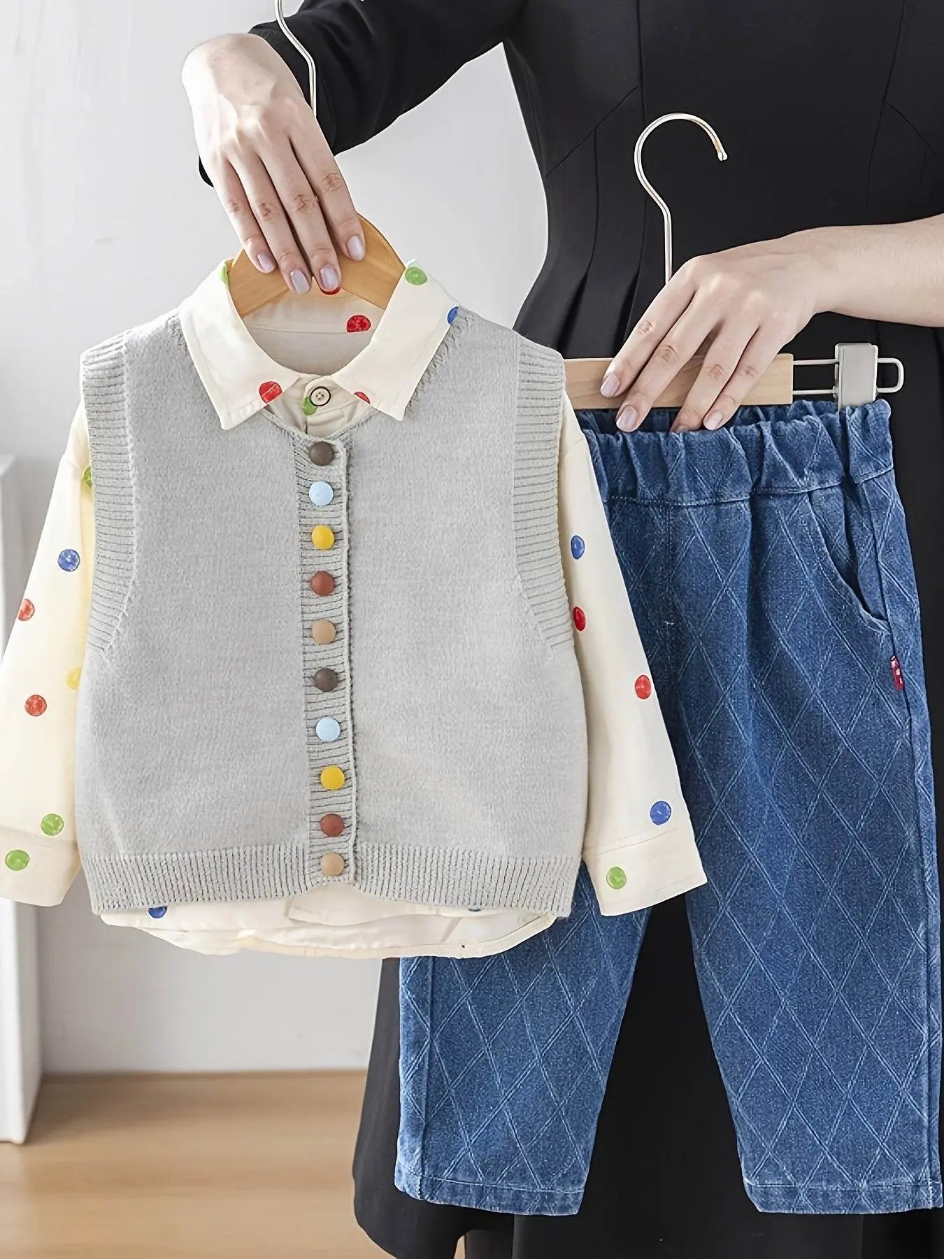 Shirt Sweater Cardigan Kids Grey Three-Piece Set - IVORYNN