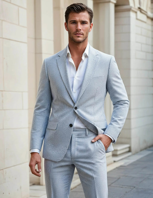 Slim Fit Two-Button Seersucker Roman Silver Suit Set - IVORYNN