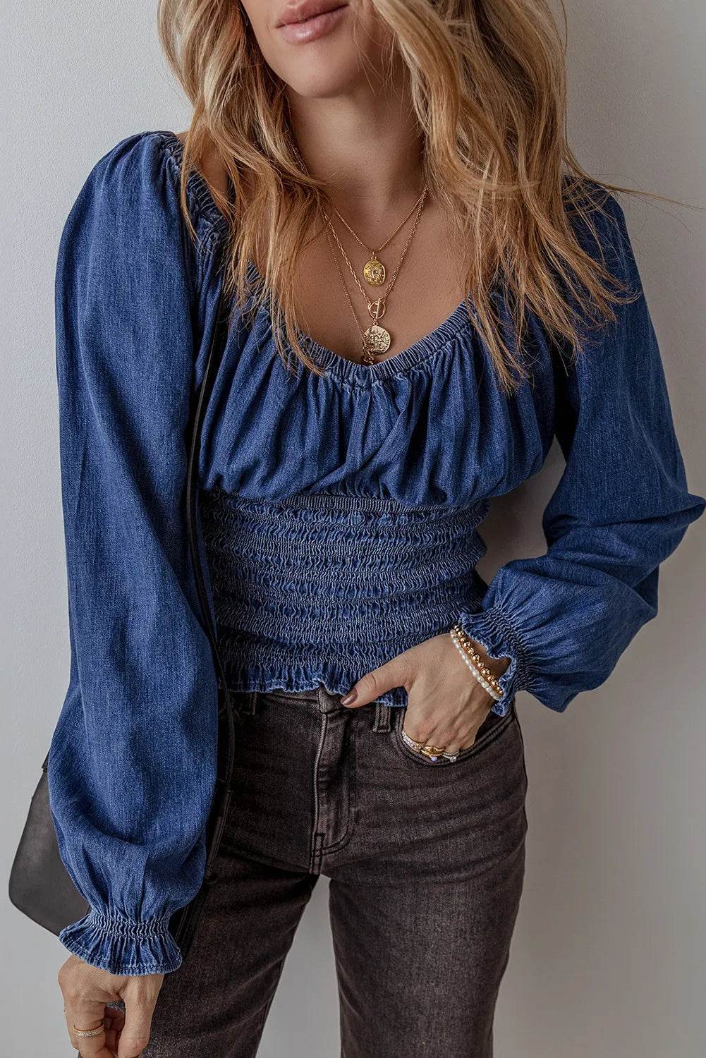 Smocked Long Sleeve Denim Top - IVORYNN