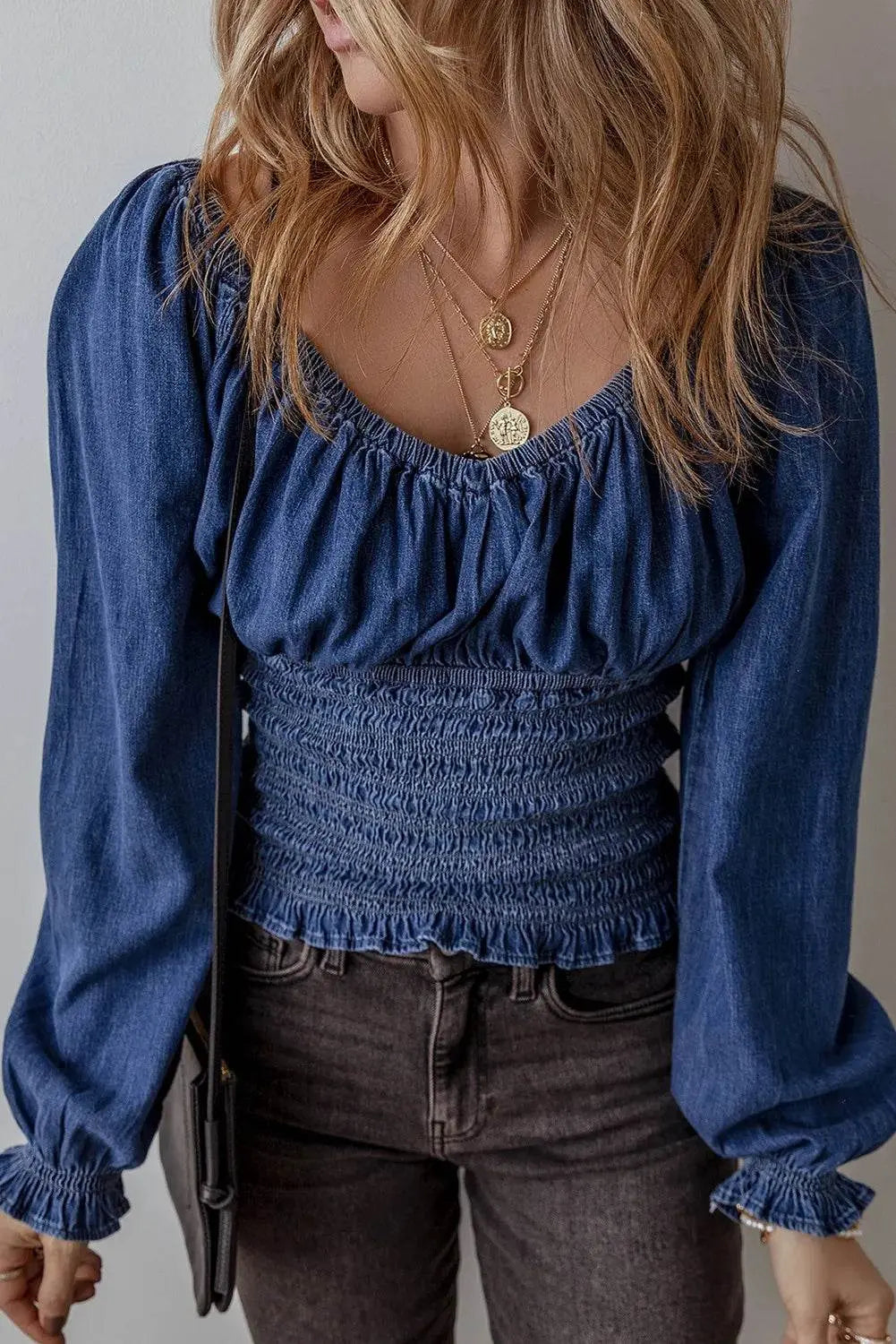 Smocked Long Sleeve Denim Top - IVORYNN