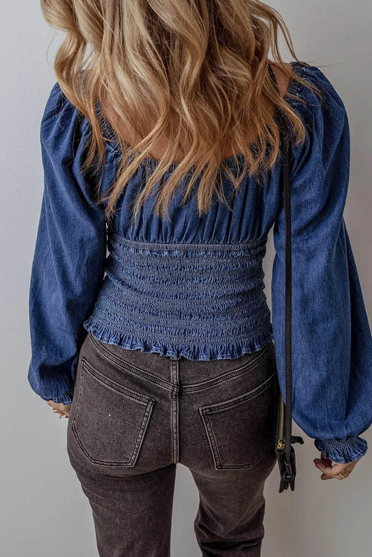 Smocked Long Sleeve Denim Top - IVORYNN