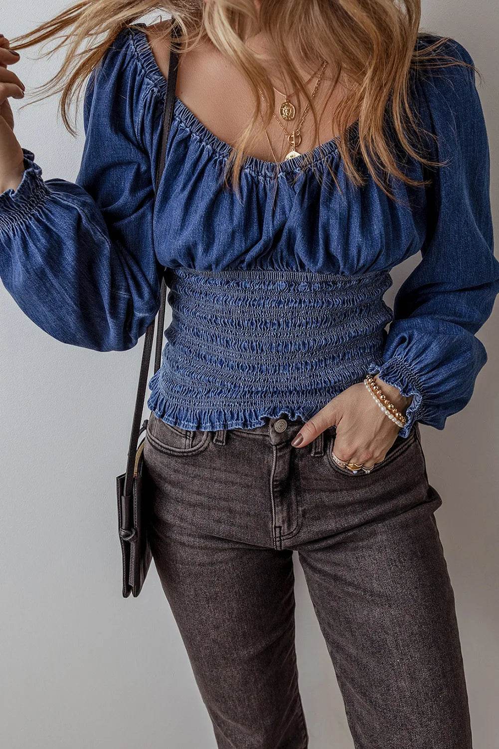 Smocked Long Sleeve Denim Top - IVORYNN