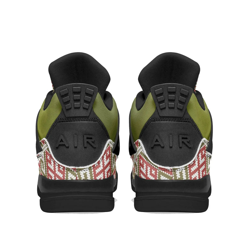 Back view of olive green and black basketball sneakers with red patterned accents, Ivorynn shoes
