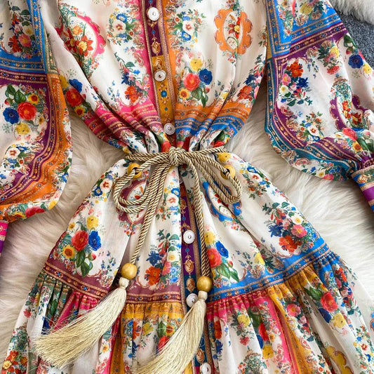 Stand-Up Collar Lantern Sleeve Long Skirt Vintage Dress - IVORYNN