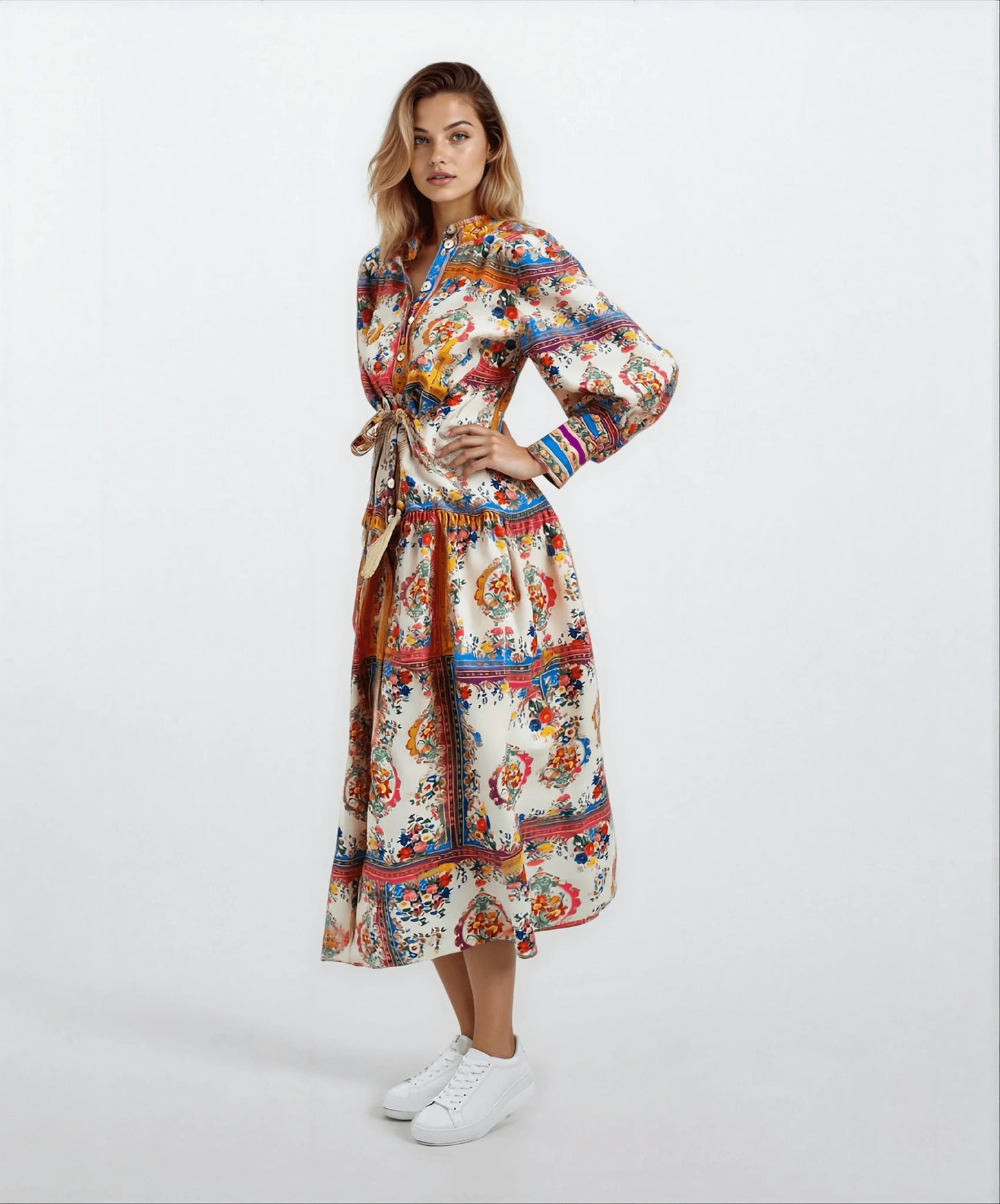 Stand-Up Collar Lantern Sleeve Long Skirt Vintage Dress - IVORYNN