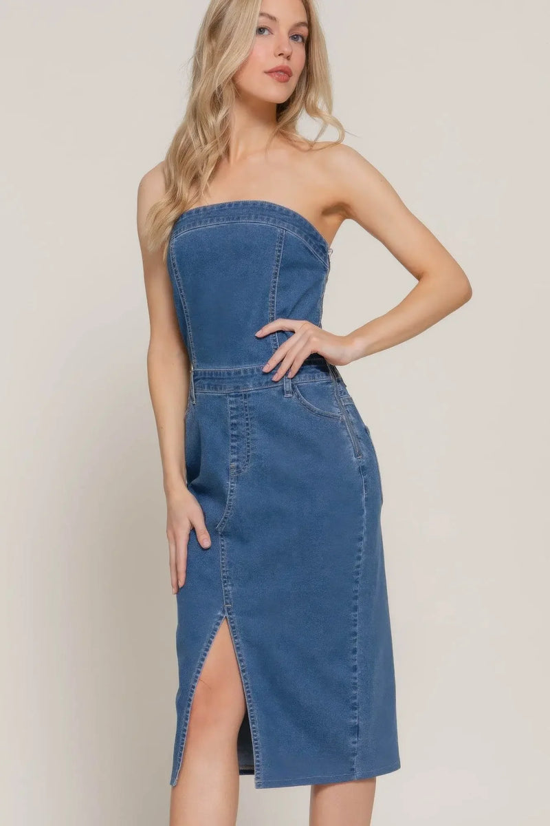 Stretch Denim Slit Tube Dress - IVORYNN