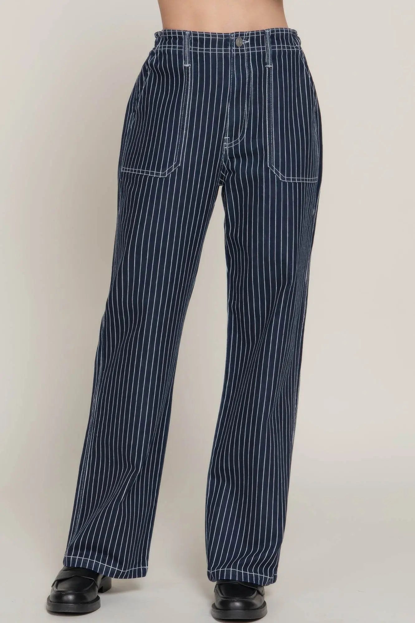 Stripe Stretch Denim Straight Plaid Pants - IVORYNN
