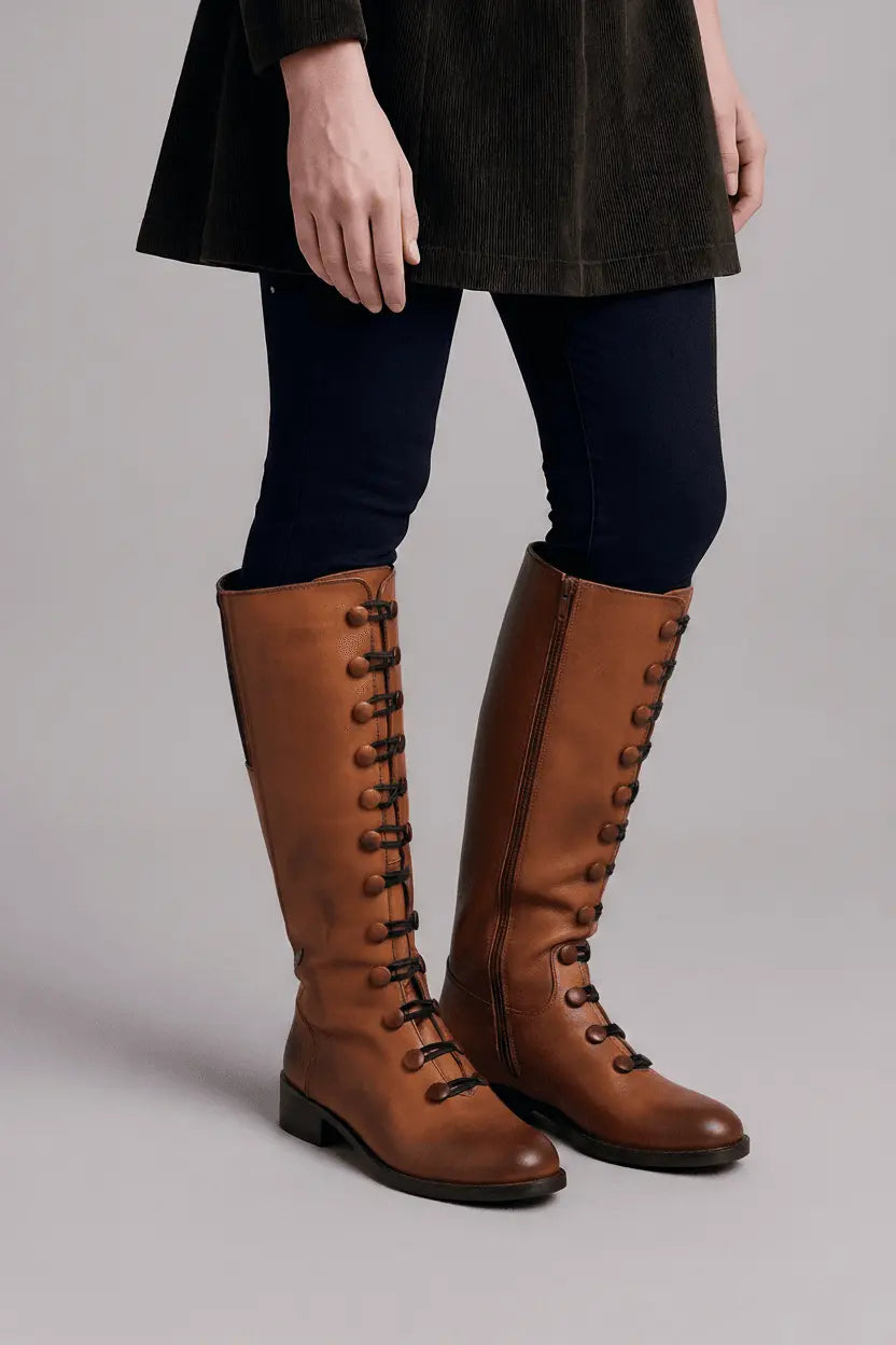 Tartan Lined Star Tan Leather Long Leg Boots - IVORYNN