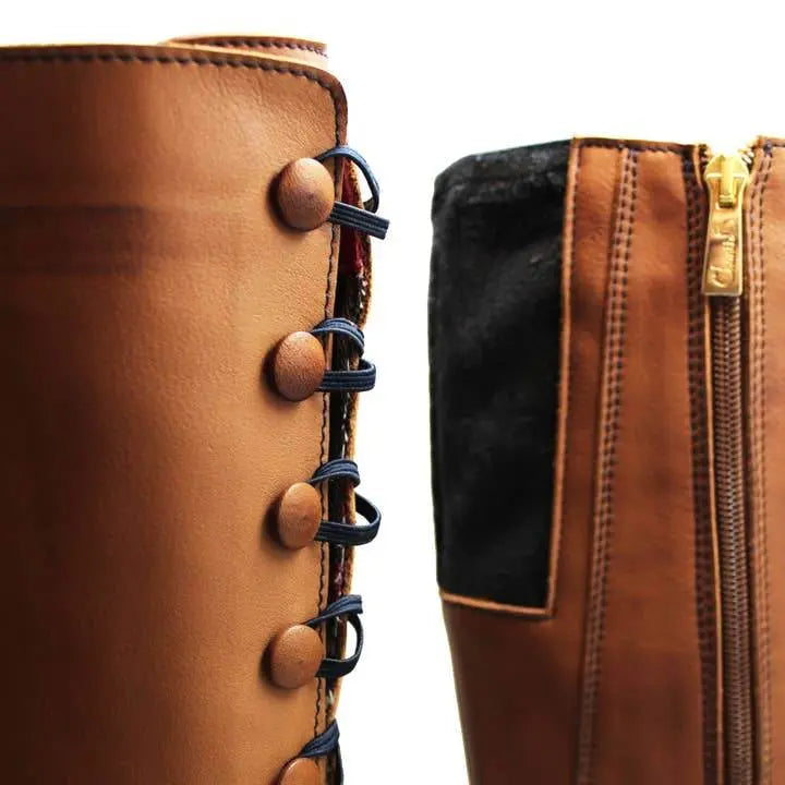 Tartan Lined Star Tan Leather Long Leg Boots - IVORYNN