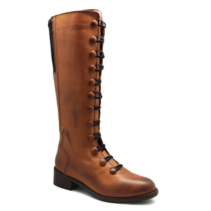Tartan Lined Star Tan Leather Long Leg Boots - IVORYNN