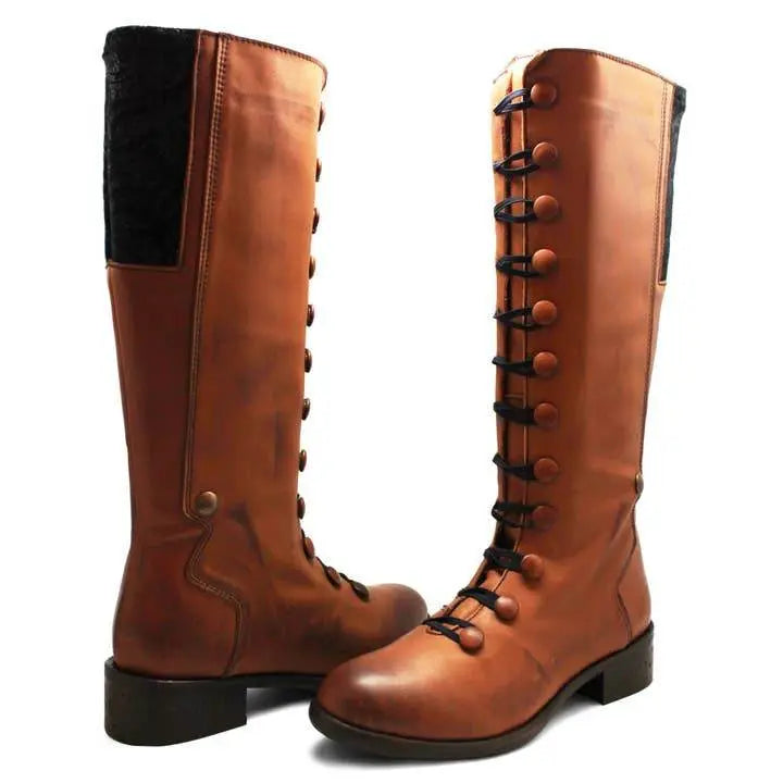 Tartan Lined Star Tan Leather Long Leg Boots - IVORYNN