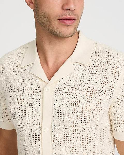 Textured Geo Crochet Cotton Short Sleeve Shirt - IVORYNN