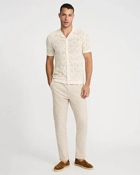 Textured Geo Crochet Cotton Short Sleeve Shirt - IVORYNN