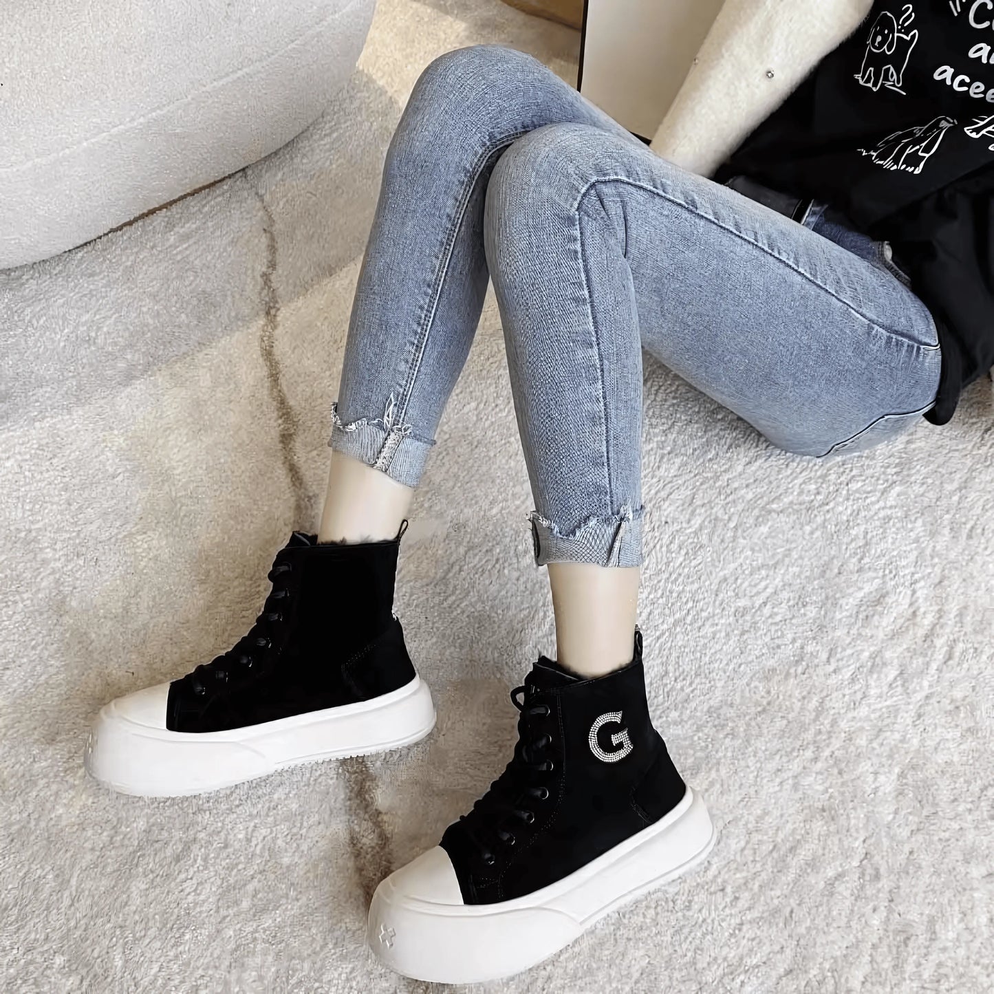 Thick Cowhide Fabric Rhinestone Snow Boots - IVORYNN