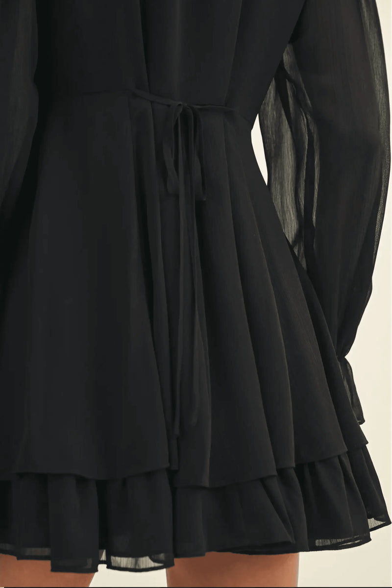 Tie Front Ruffled Black Short Dress - IVORYNN