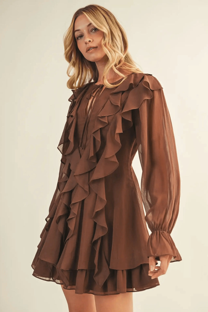 Tie Front Ruffled Brown Short Dress - IVORYNN