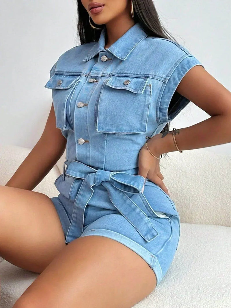 Tie Waist Cap Sleeve Denim Romper - IVORYNN