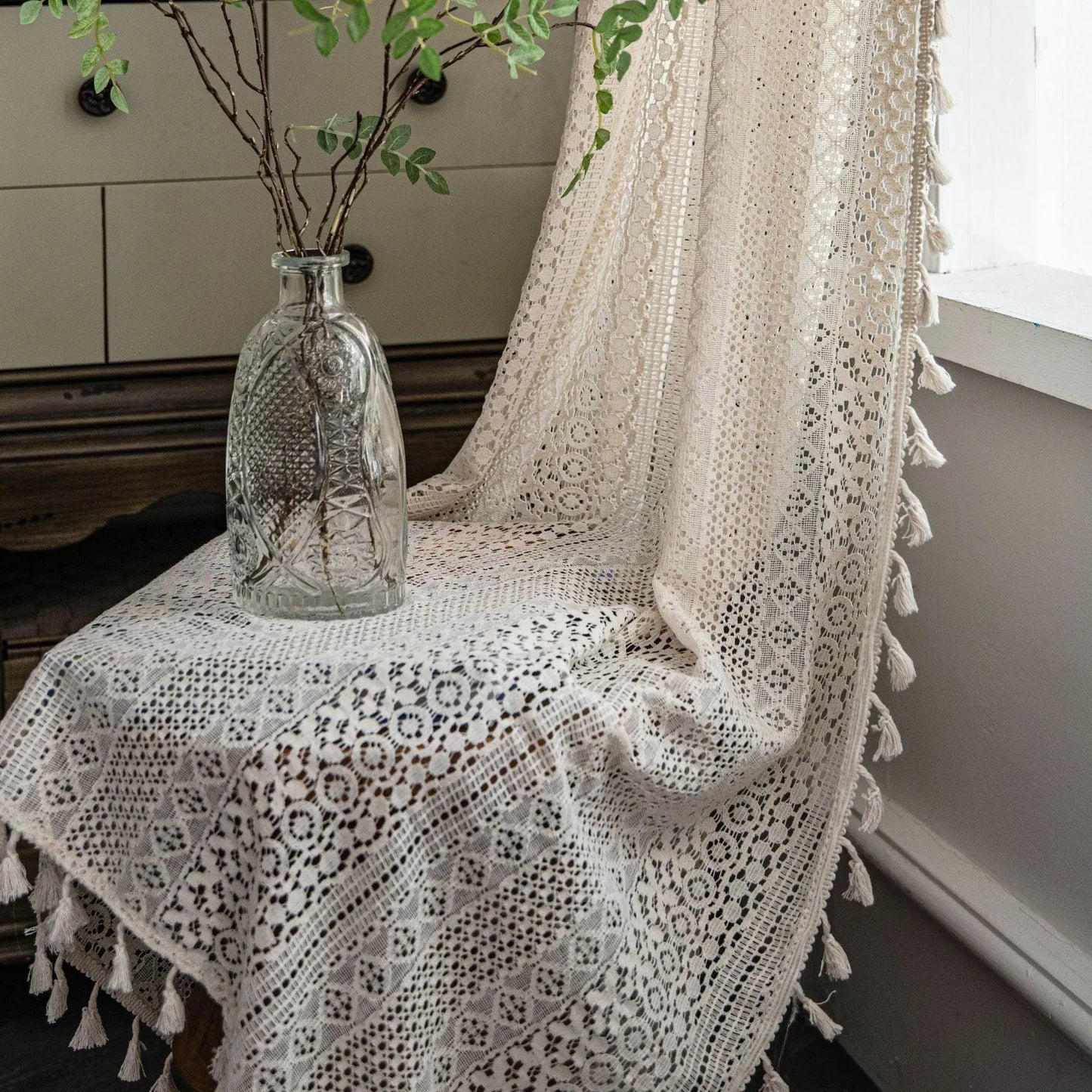 Translucent American Country Hollow Crochet Curtain - IVORYNN