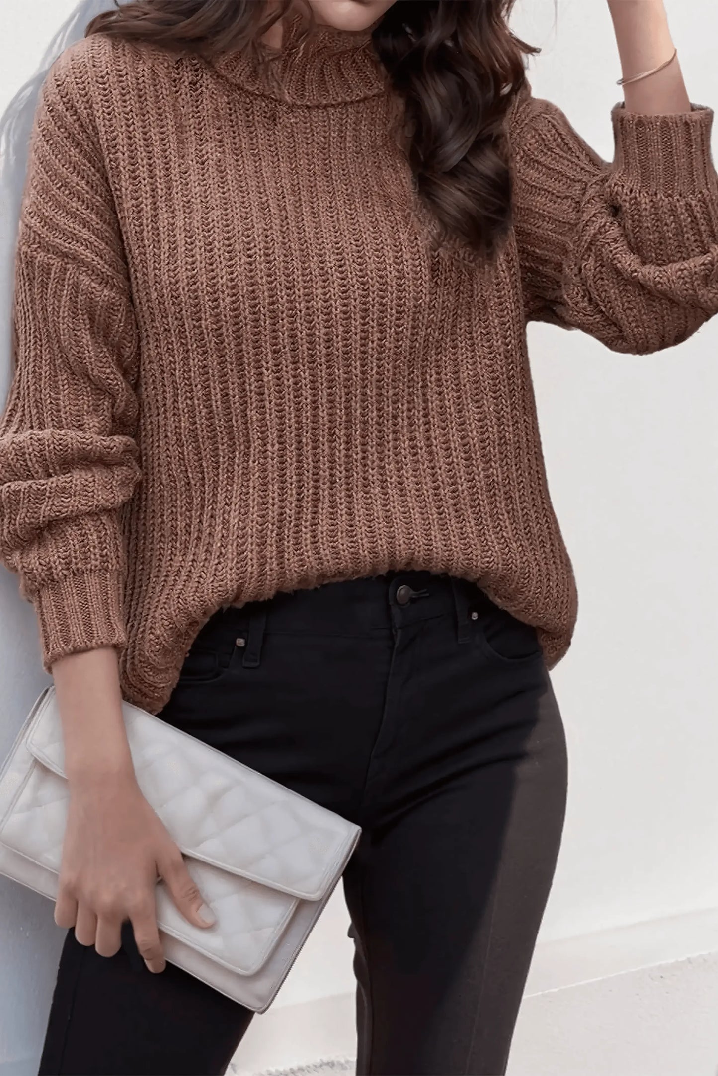 Turtleneck Dropped Shoulder Pullover Sweater - IVORYNN