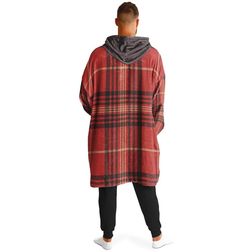Back view of man in oversized red plaid cozy hoodie with gray hood, black pants, on white background, Ivorynn fashion.