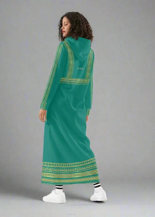 Velvet Casual Green Cyan Turquoise Long Hoodie Dress - IVORYNN