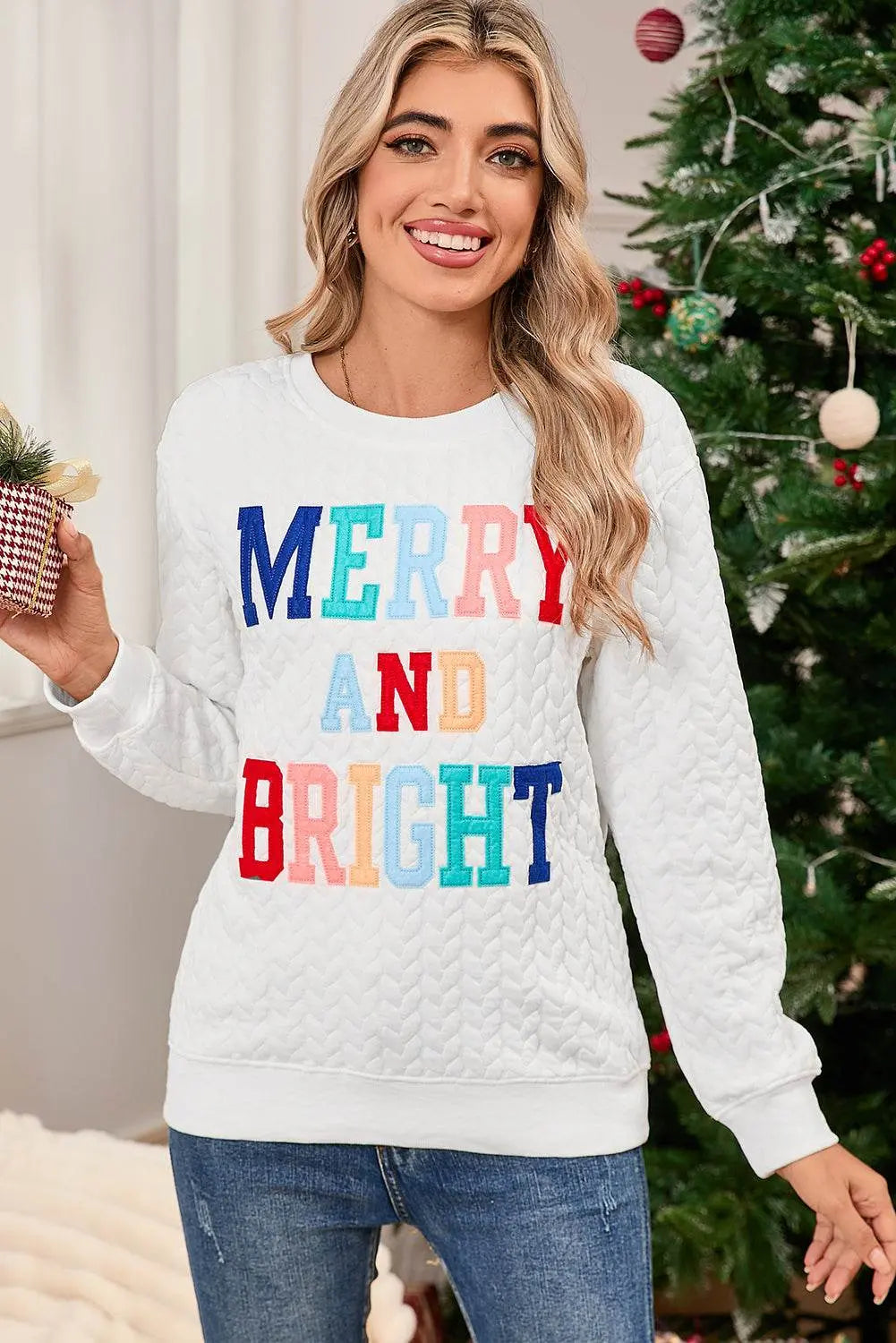 White Merry and Bright Quilted Sweatshirt - IVORYNN
