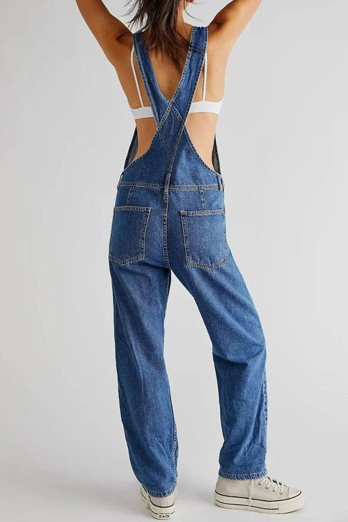 Wide Strap Square Neck Denim Overalls - IVORYNN