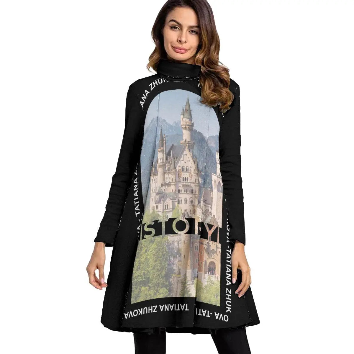 Women's High Neck Dress With Long Sleeve - Black - IVORYNN