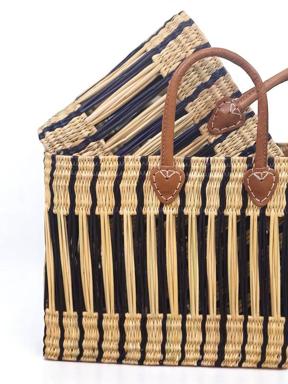 Moroccan Handwoven Straw Tote Bag with Leather Handles - Eco-Friendly Striped Design