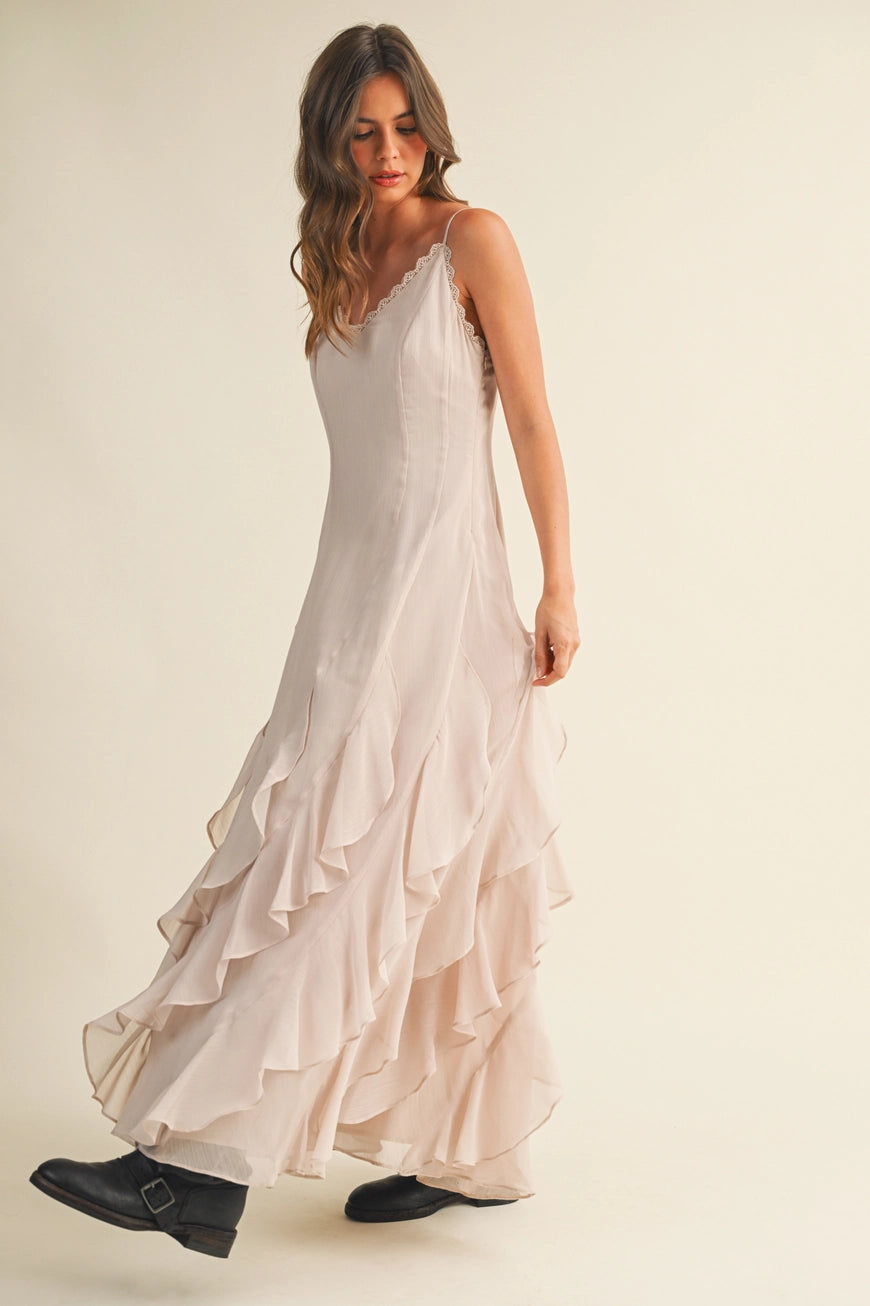 Lace V Neck Ruffled Cami Cream Dress