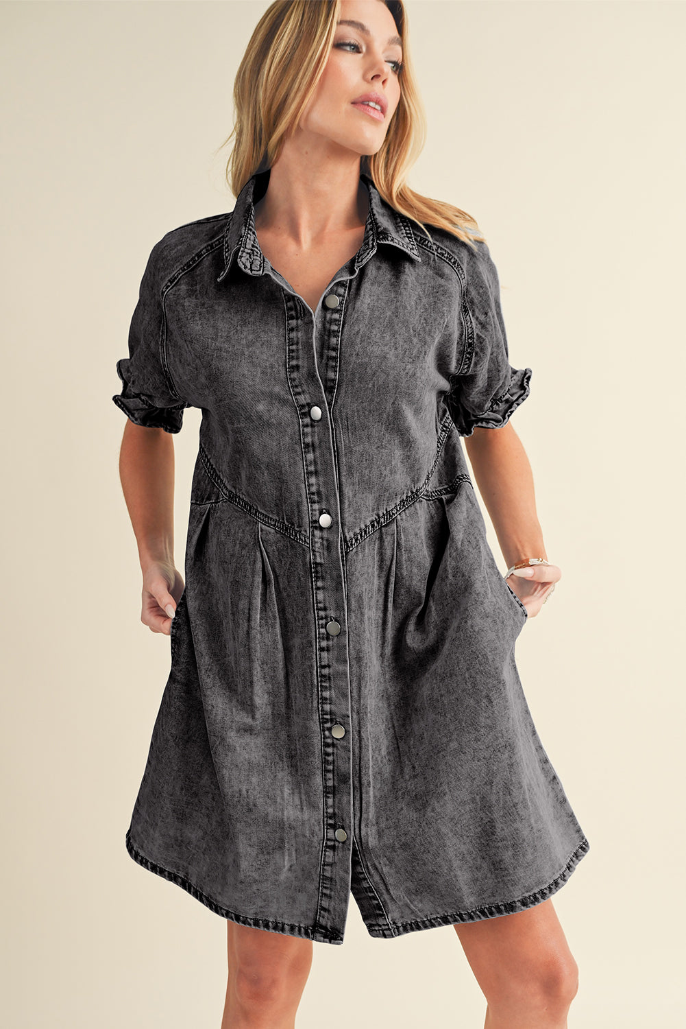 Ruffled Short Sleeve Pocketed Denim Dress