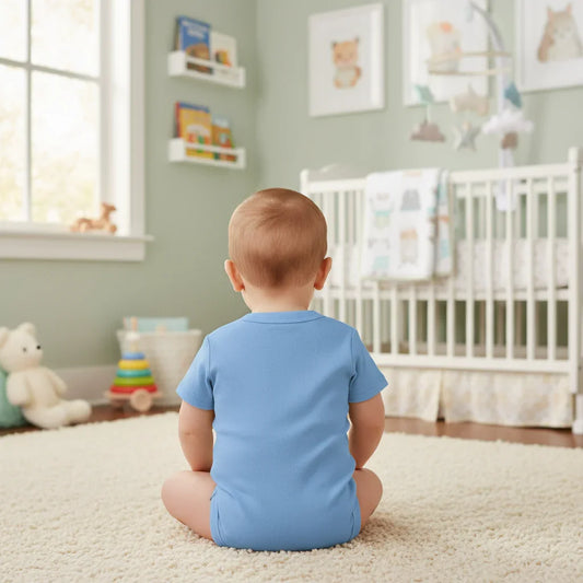 Baby boy in nursery wearing blue onesie - back view
