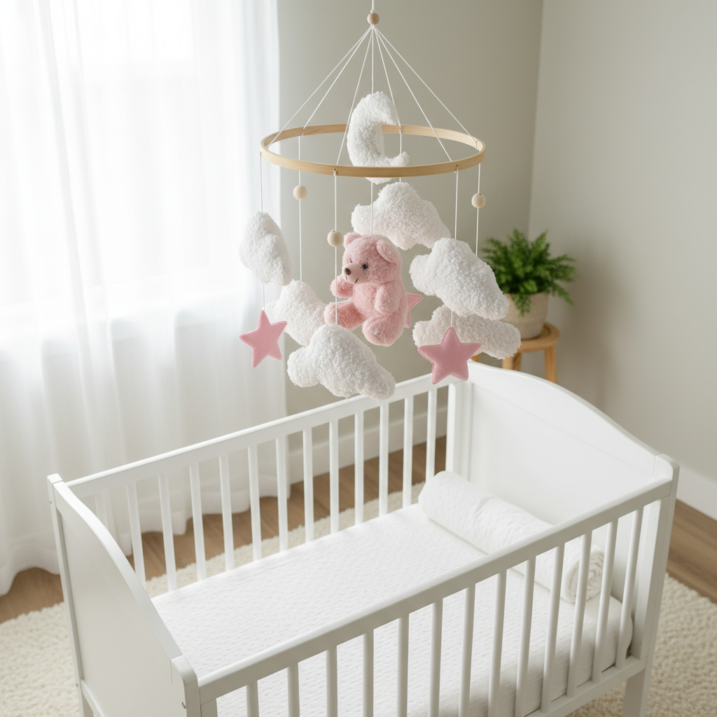 Baby mobile above bed - overhead view