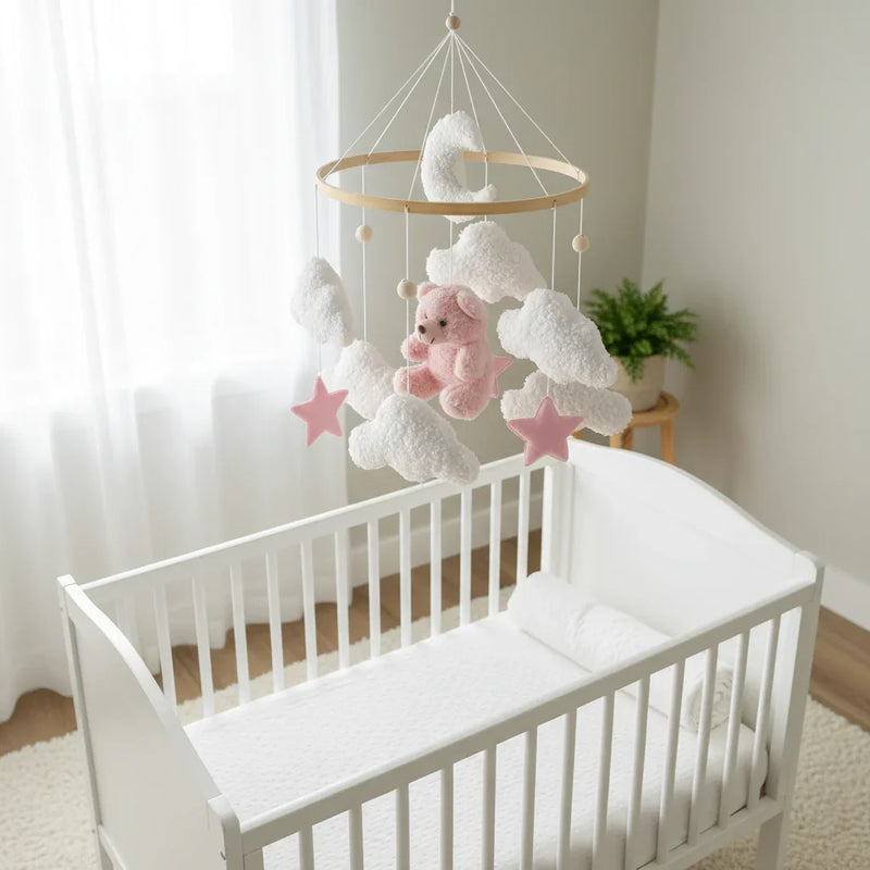 Baby mobile above bed - overhead view