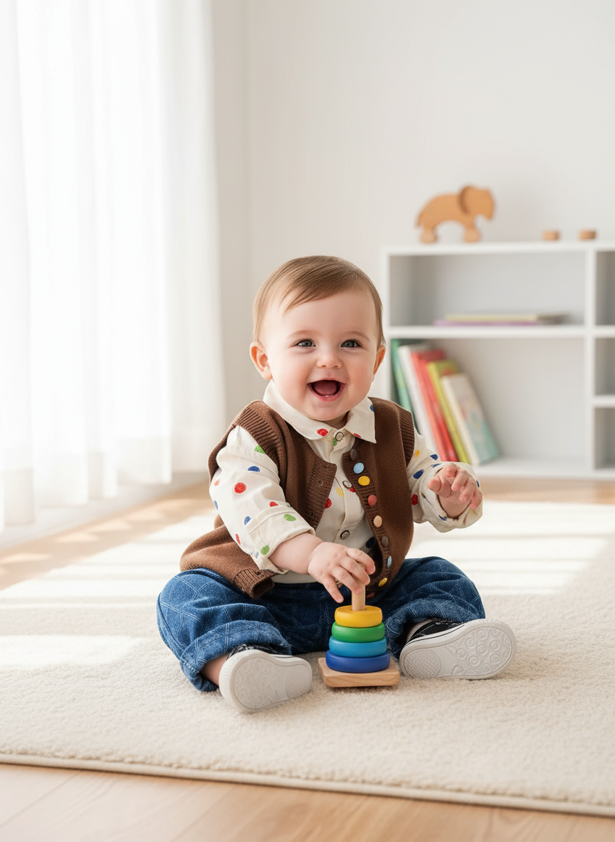 Baby playing in bright room